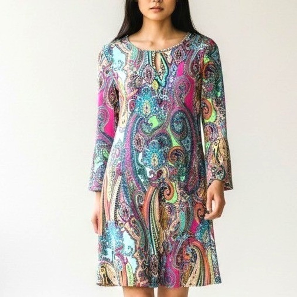 Tommy Hilfiger Womens Paisley Bell Sleeve Shift Dress Pink Turquoise Size 10